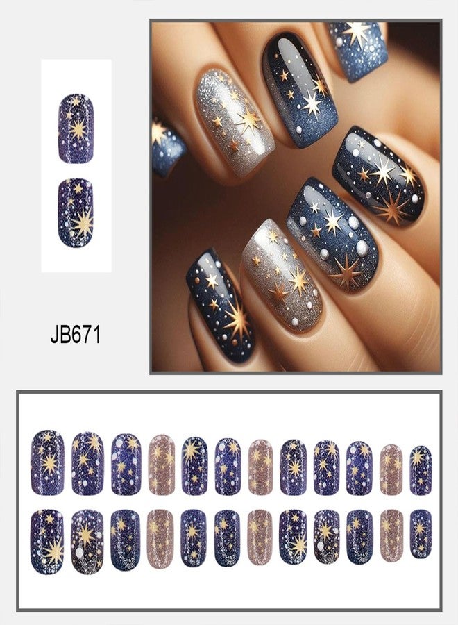 Vopintpy Starry Sky Press on Nails Short Square Fake Nails Gold Star Design Acrylic Nails Glossy Astral Glue on Nails for Women DIY Manicure - Image 5